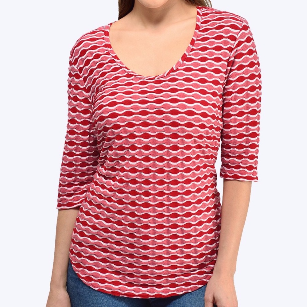 Tianello 3/4 Sleeve Pink & White Scalloped Stripe Top - Small